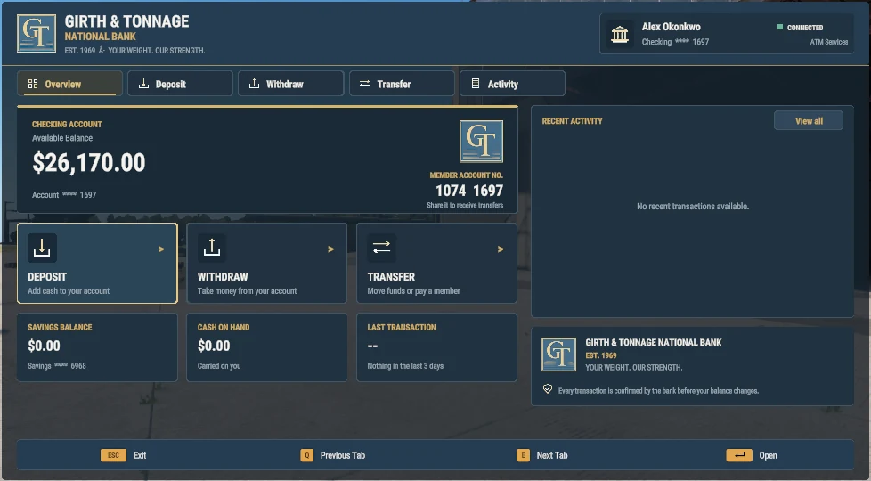 The ATM screen: checking balance, member account number, deposit, withdraw and transfer buttons, savings balance and cash on hand
