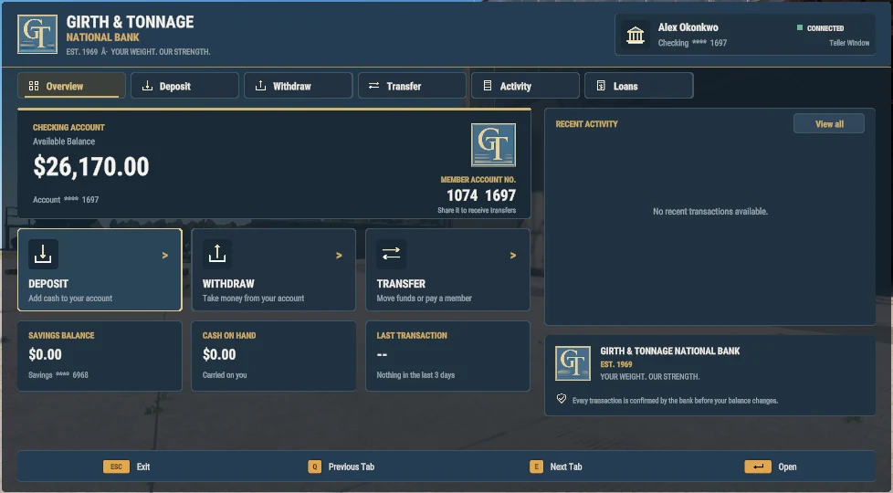 The teller screen: the same overview as the ATM with an extra Loans tab