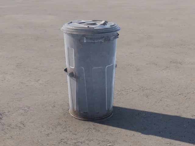 A round galvanized metal trash can with a lid