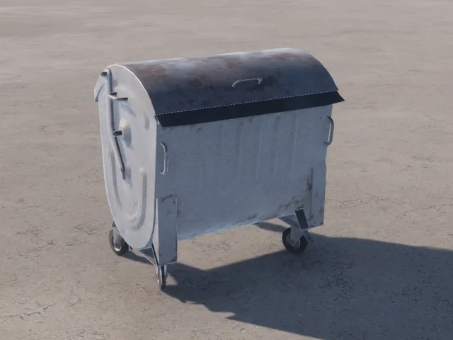 A wheeled galvanized dumpster with a rounded lid