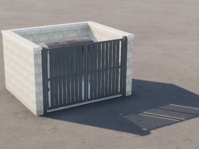 A dumpster inside a pale brick enclosure with metal gates