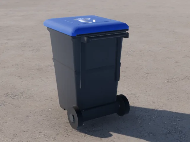 A dark gray curbside cart with a blue recycling lid, which is not collected