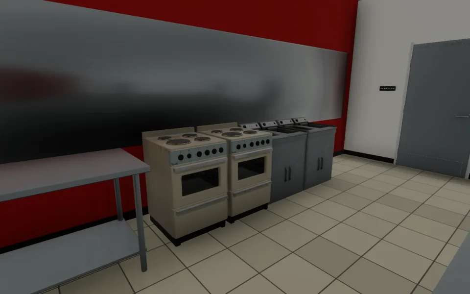 A restaurant kitchen: two stoves and two deep fryers along a red wall