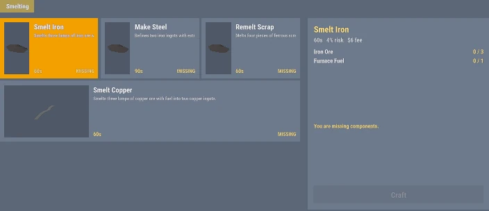 The Foundry Furnace crafting menu: recipe cards on the left, and on the right Smelt Iron with its time, fail chance, fee and ingredients
