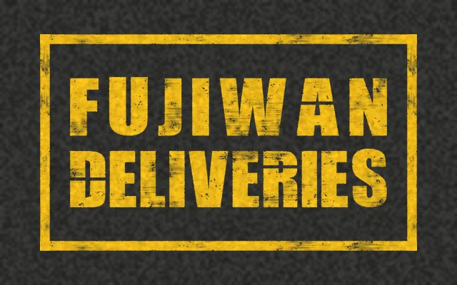 A yellow outlined box on asphalt with FUJIWAN DELIVERIES stenciled in yellow