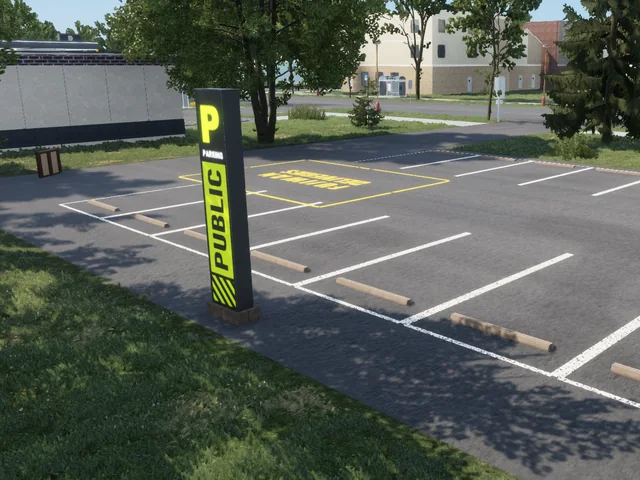 The parking totem with its row of five painted parking stalls beside it