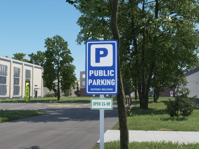 A blue Public Parking sign with a white P, Visitors Welcome and Open 24 Hr, on a post at the lot entrance