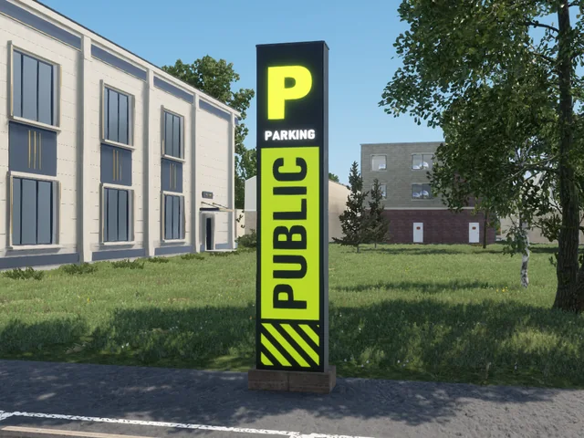 A tall black and fluorescent yellow parking totem with a glowing P and PUBLIC printed down it