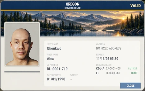 An Oregon driver license card: photo, name Alex Okonkwo, license number, date of birth, address, expiry date, and CDL-A and FL endorsements