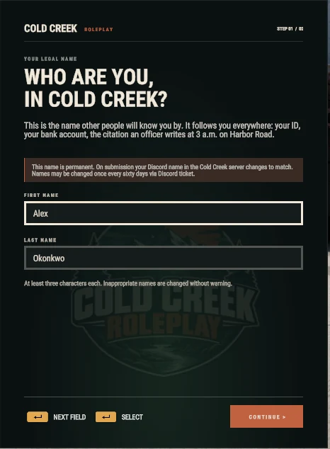 Character creation, step one: first and last name fields under the heading Who Are You, in Cold Creek?