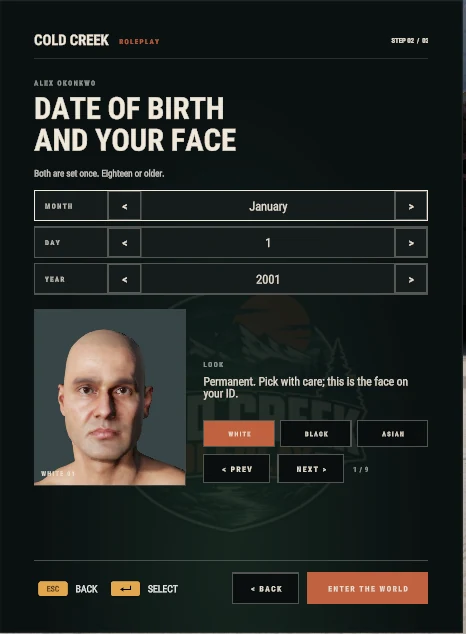 Character creation, step two: month, day and year pickers and a face picker with White, Black and Asian sets