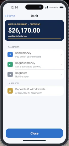 The Bank app: Checking balance, Send money, Request money, Requests, and deposits in person