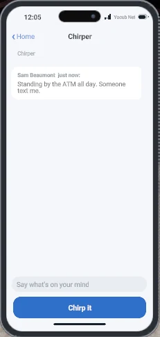 The Chirper feed with one post and a box to write your own
