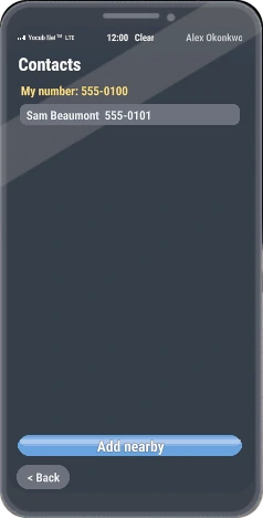 The phone's Contacts app, listing your own number, a saved contact and an Add nearby button