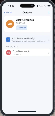 The Contacts app: your card, Add Someone Nearby, and your contact list