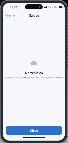 The Garage app with no vehicles yet