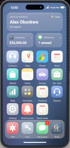 The phone home screen: greeting, checking balance, unread messages, and the app grid