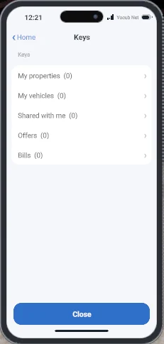 The Keys app: My properties, My vehicles, Shared with me, Offers and Bills