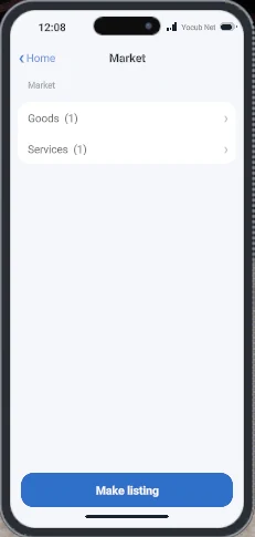 The Market app with Goods and Services categories and a Make listing button
