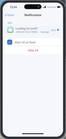 The Notifications app with one new alert about jobs