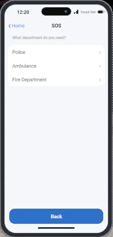 The SOS app asking which department you need: Police, Ambulance or Fire Department