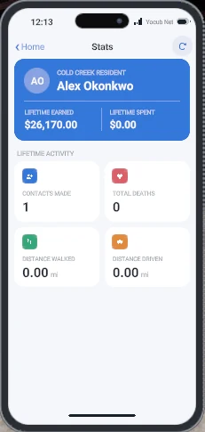 The Stats app: lifetime earned and spent, contacts made, deaths, distance walked and driven