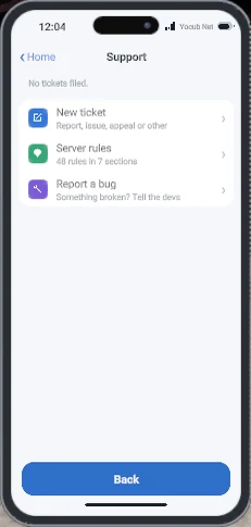 The Support app: New ticket, Server rules and Report a bug