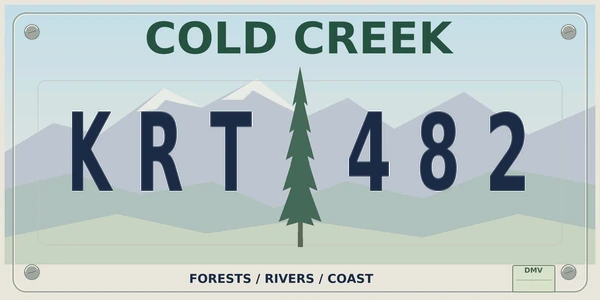 A Cold Creek license plate reading KRT 482, with mountains and a pine tree