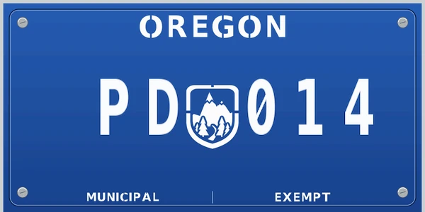 A blue Oregon municipal plate reading PD 014, marked Municipal and Exempt