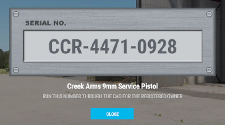 A brushed steel serial plate with a serial number, for a Creek Arms 9mm Service Pistol