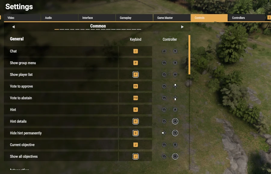 The game's Settings menu on the Controls tab, showing the category picker and the Keybind and Controller columns