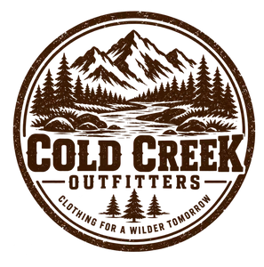 Cold Creek Outfitters logo: mountains, pines and a river in a round badge